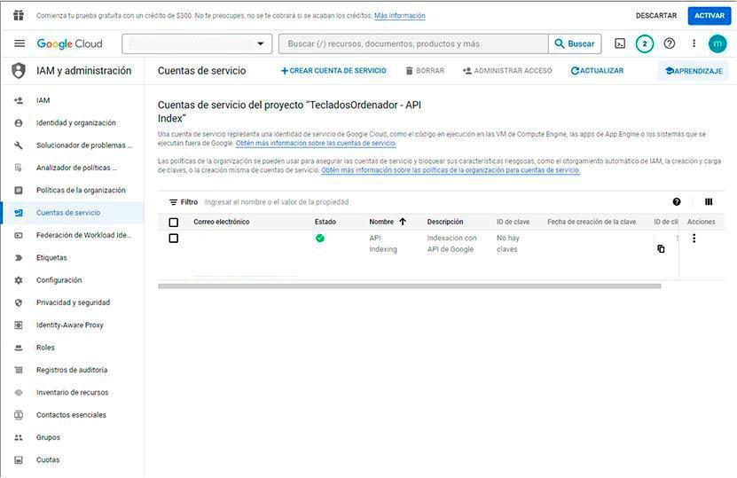 Cuenta creada en Google Cloud Console